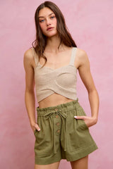 Trendsi SO ME Paper Bag Patch Pocket Drawstring Twill Shorts -