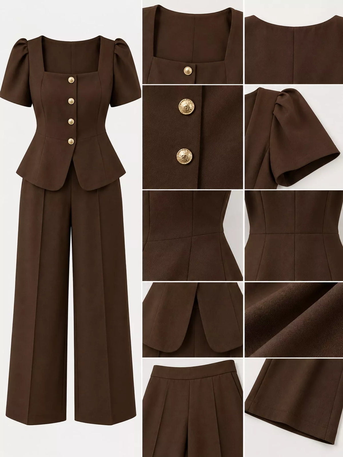 Peplum top and pants set, brown detail collage