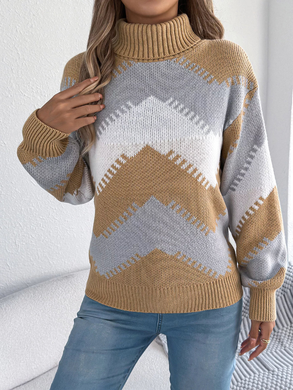 Khaki Color chevron pattern turtleneck sweater