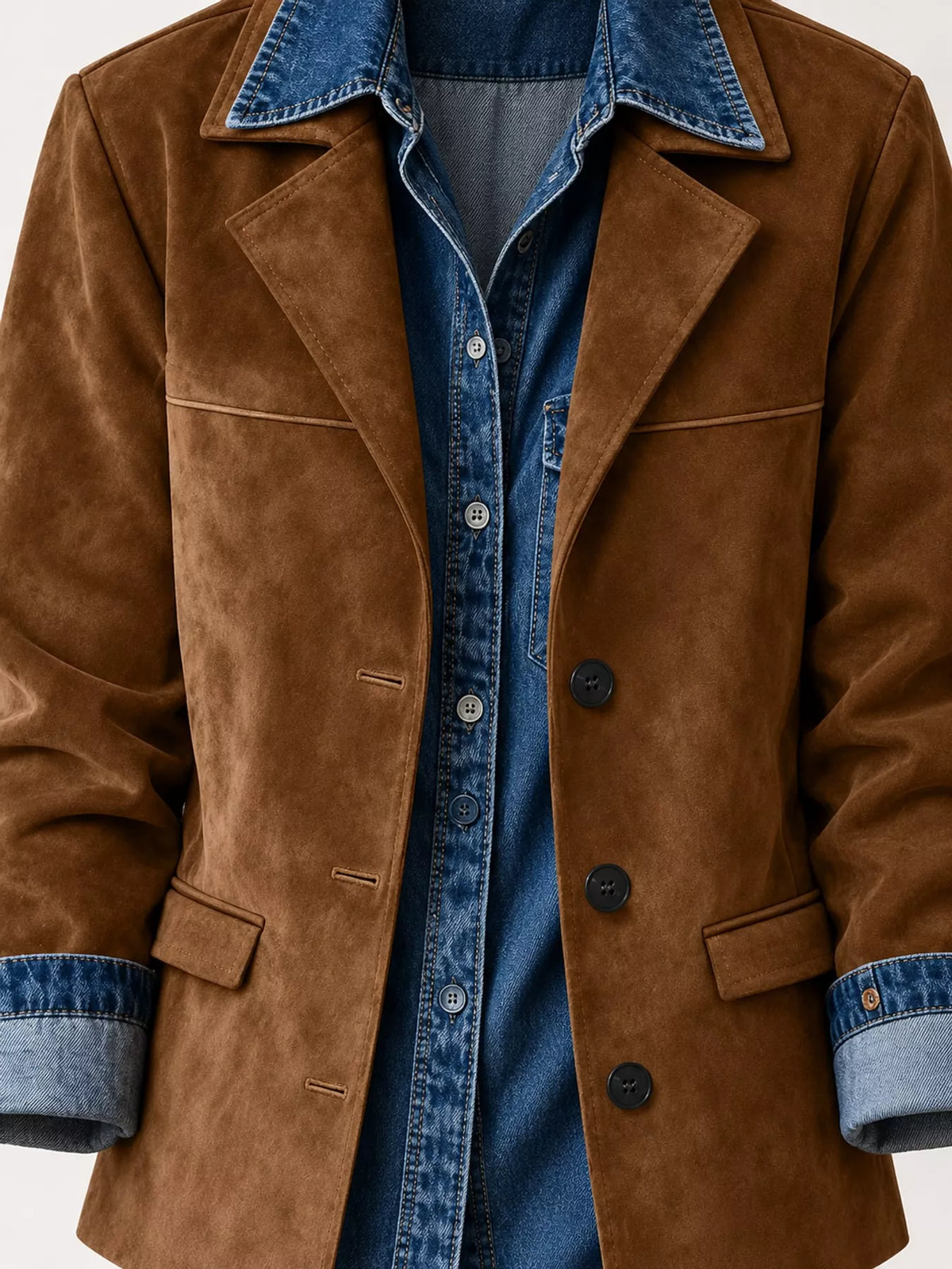 Brown lapel collar button-up blazer — design and construction details