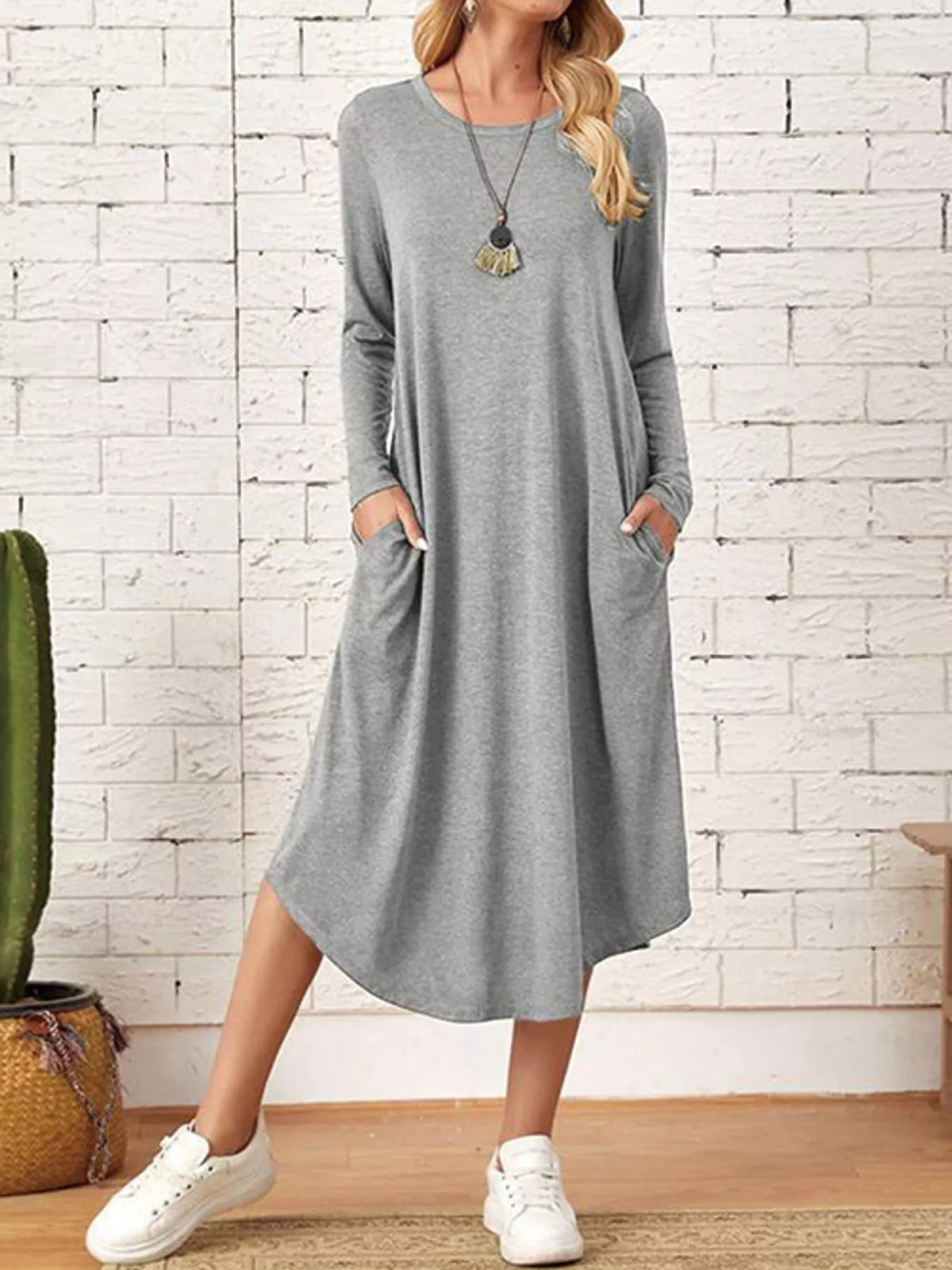 Round neck long sleeve midi dress, front view on model