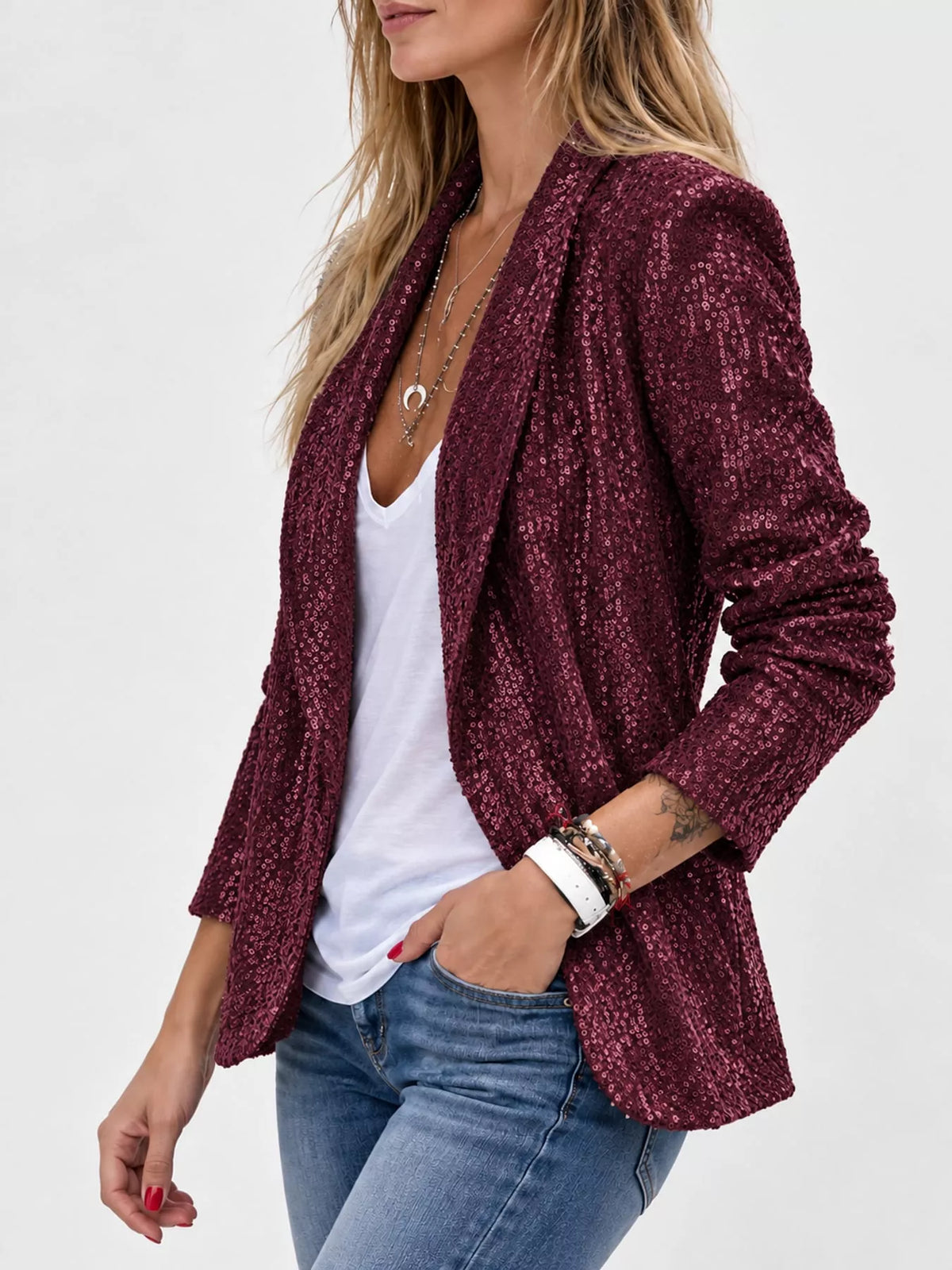 Sequin Open-Front Blazer in burgundy