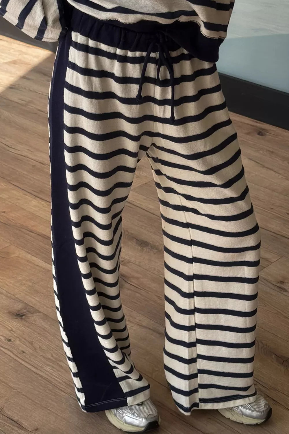 Trendsi Stripe Relaxed Long Sleeve Top Color Block Detail Drawstring Pant Set -