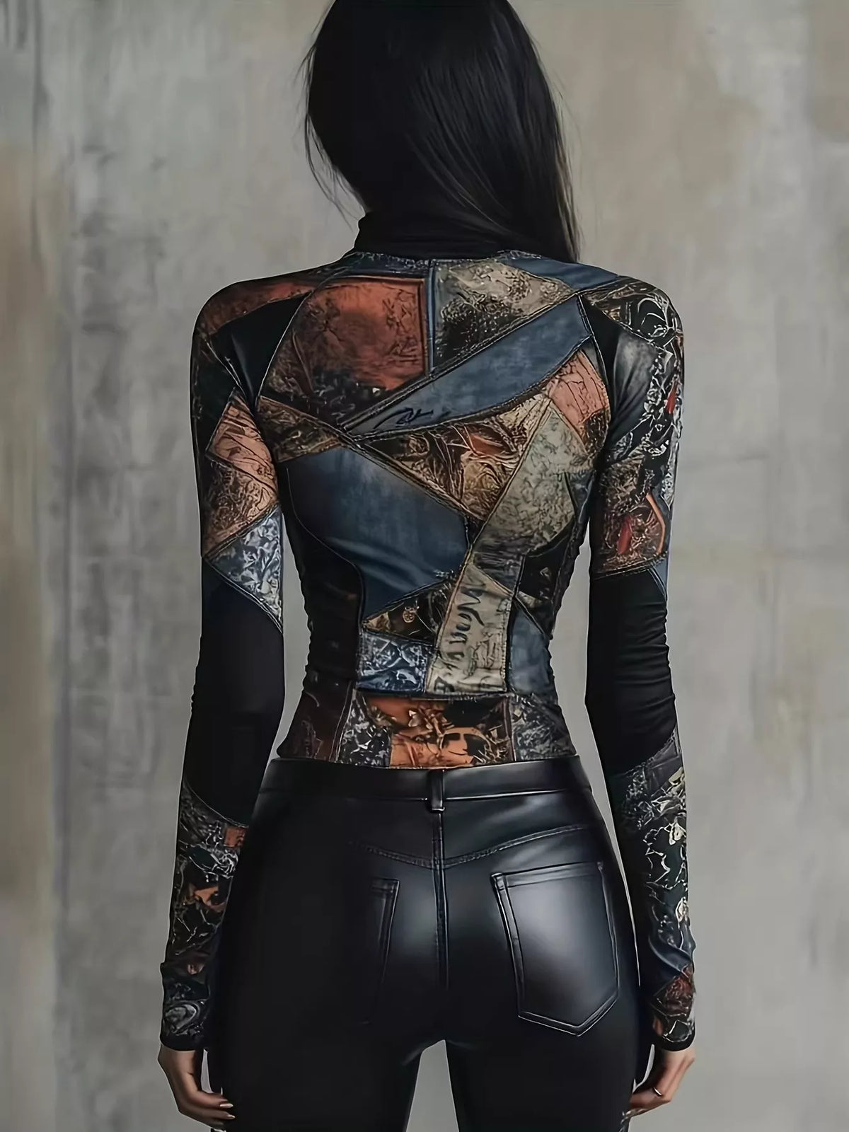 Trendsi Patchwork Printed Mock Neck Long Sleeve T-Shirt -