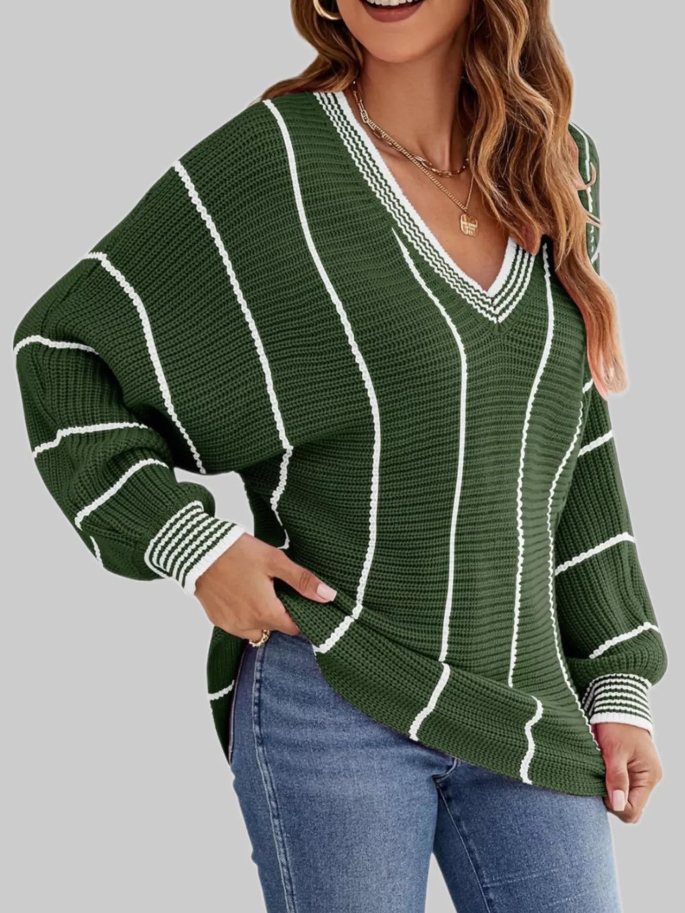 Trendsi V-Neck Striped Contrast Sweater -