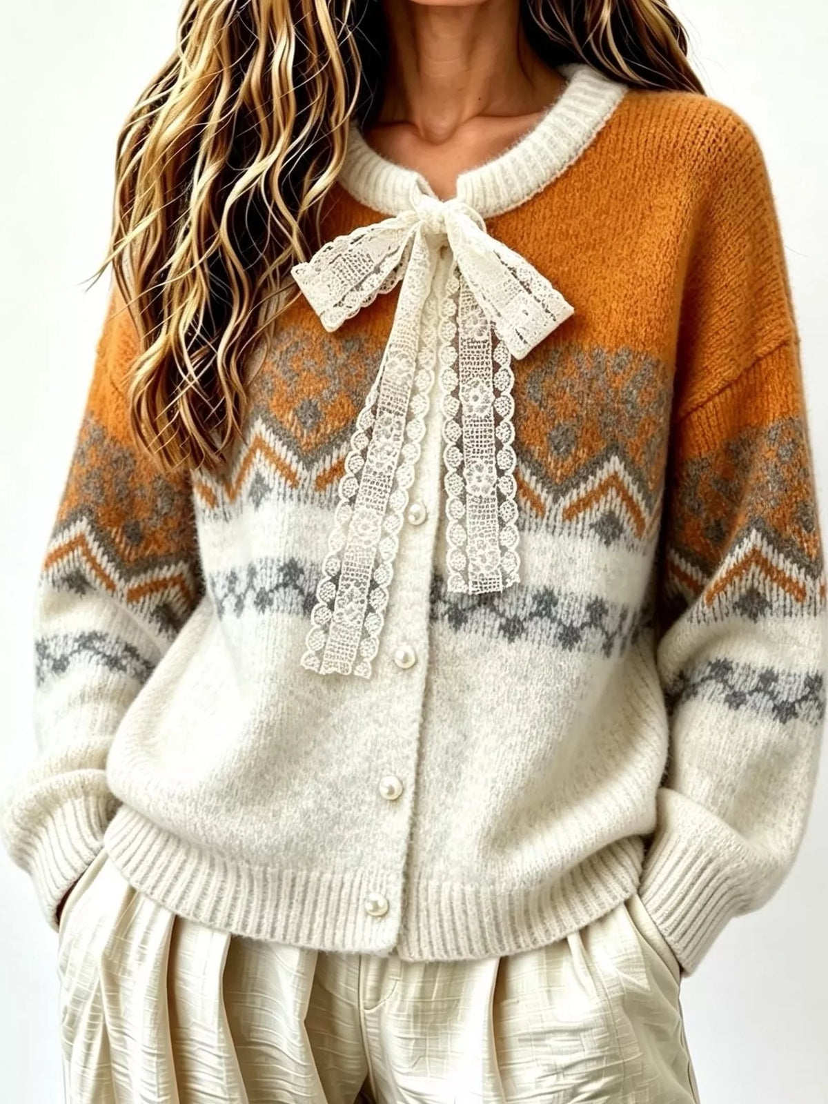 Orange and cream lace tie button-up cardigan
