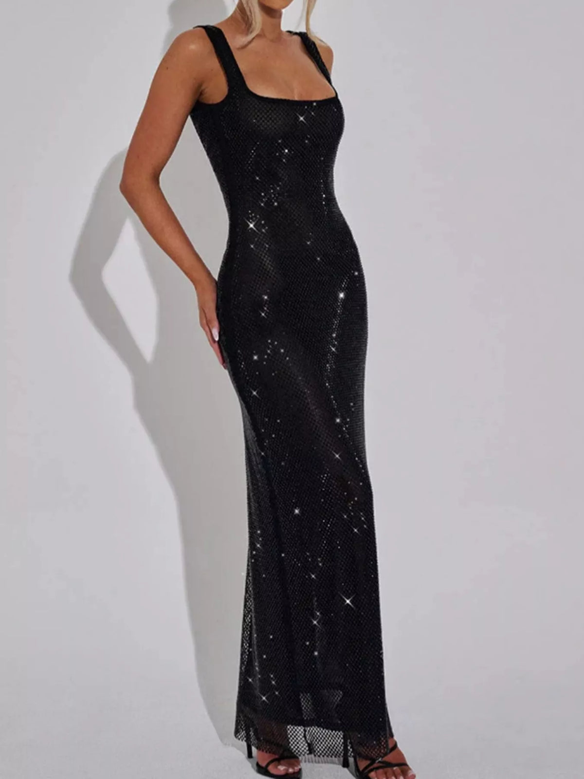 Square neck sleeveless maxi dress, front view on model