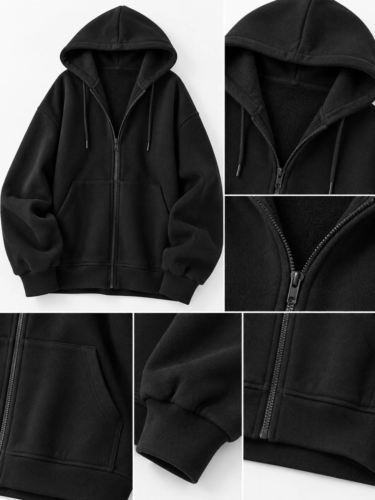 Zip-up hoodie, black detail collage