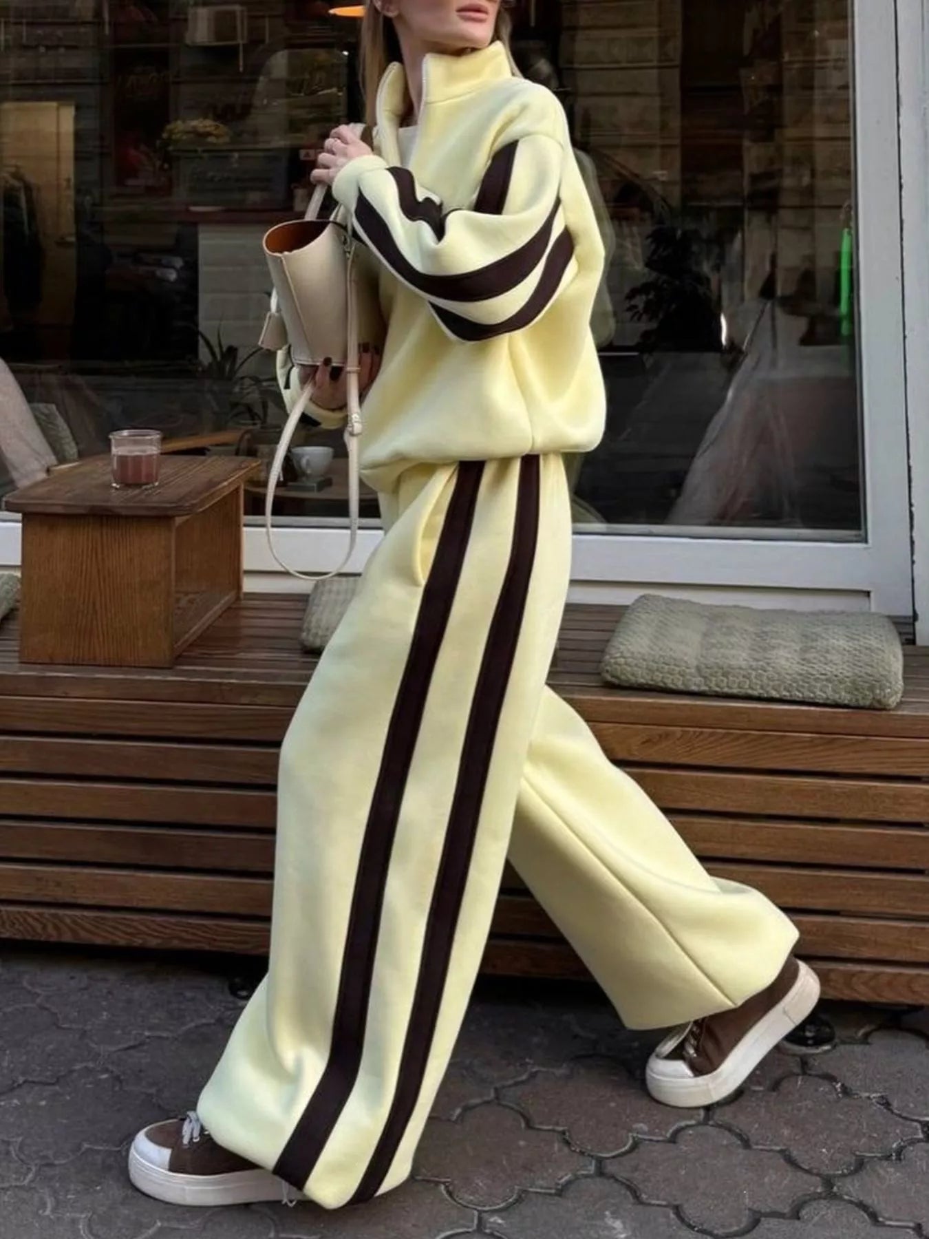 Trendsi Contrast Striped Zip Up Top and Pants Set -
