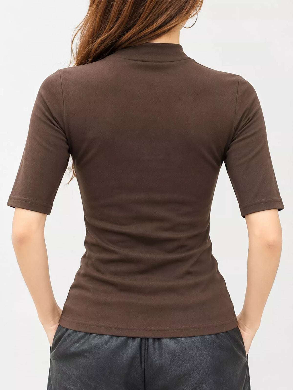 Brown mock neck half sleeve t-shirt, back view