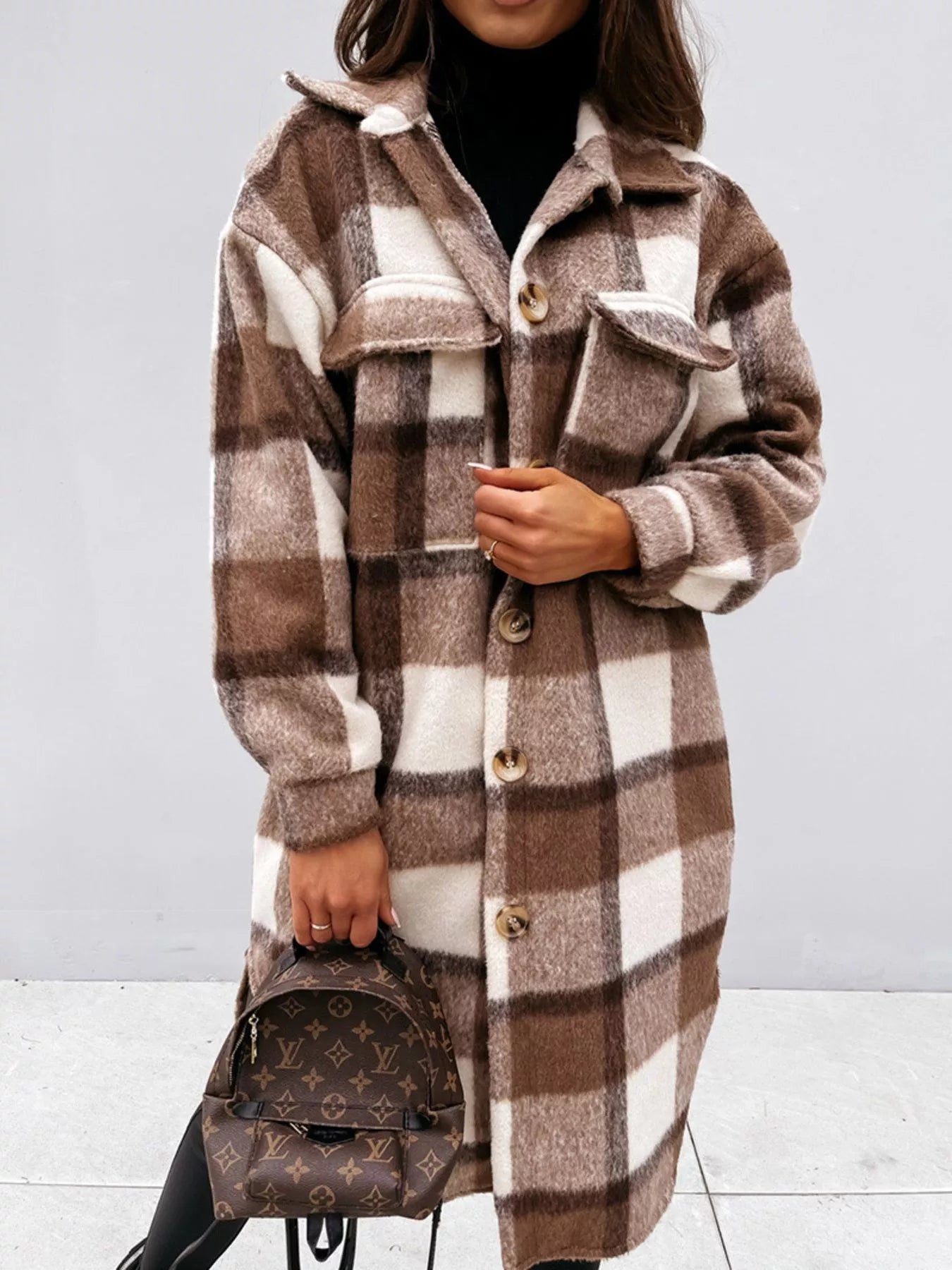 Trendsi Longline Plaid Button Up Coat -