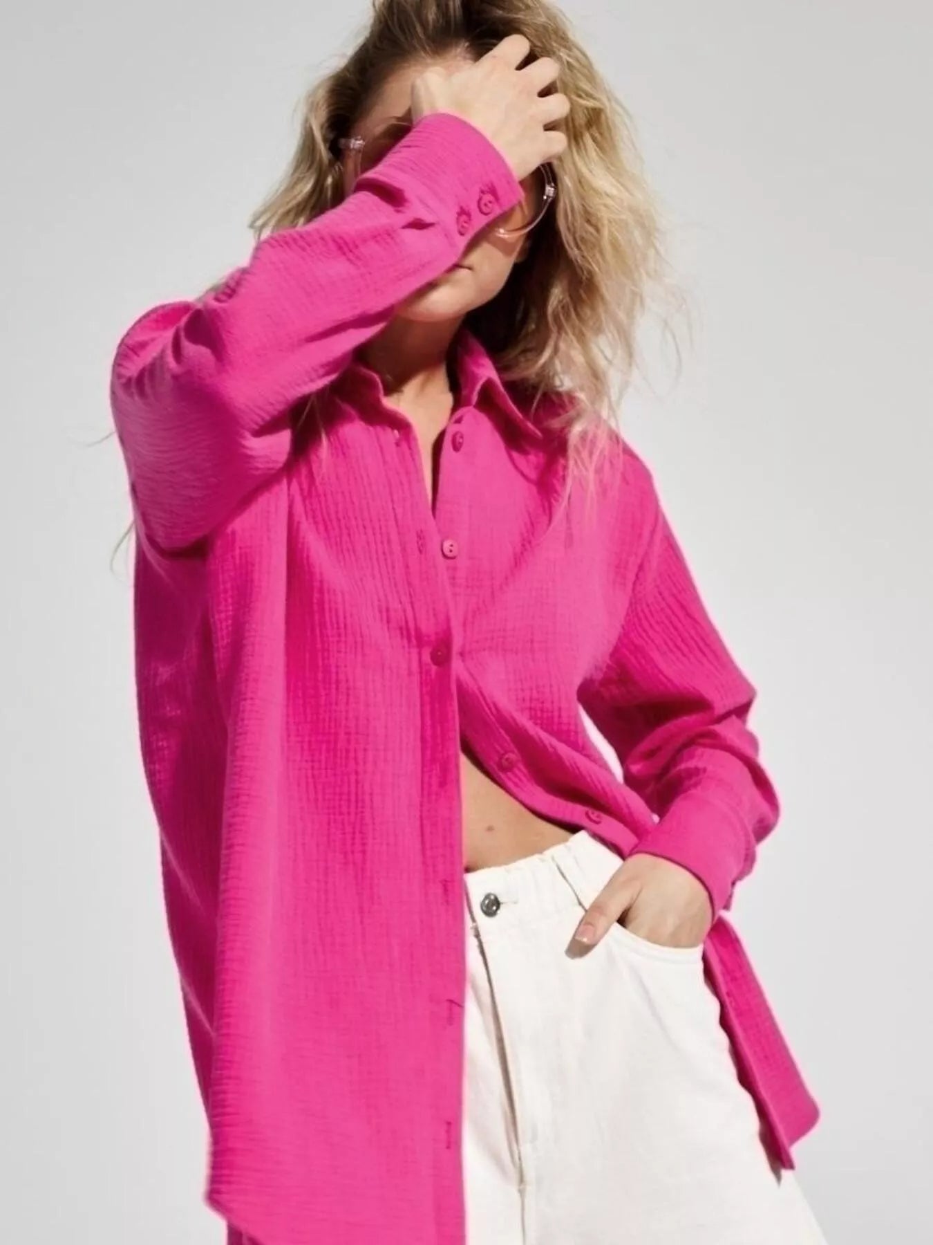 Trendsi Textured Gauze Button-Down Shirt -