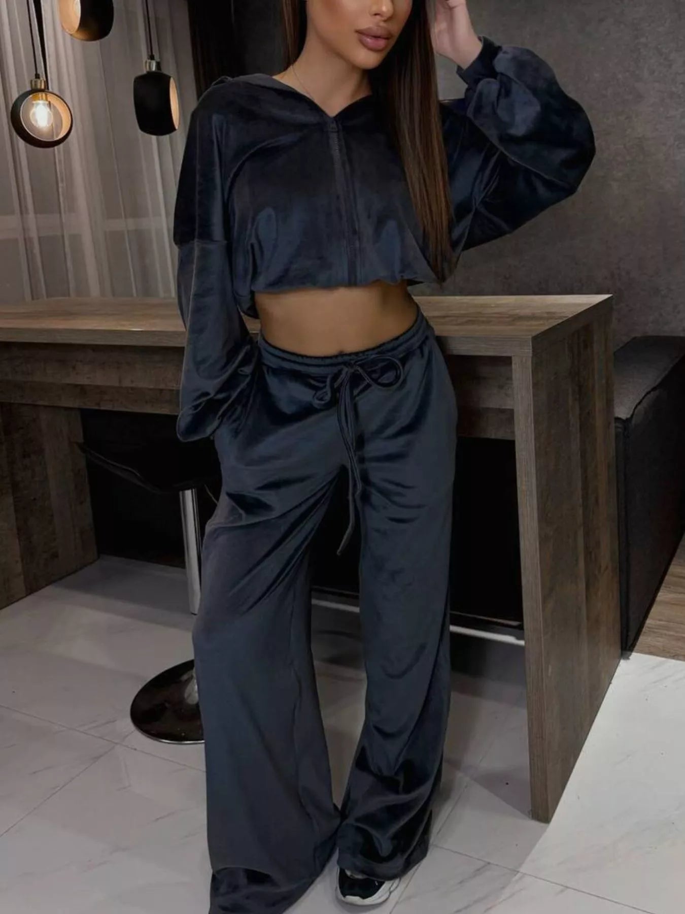 Trendsi Zip Up Hoodie and Wide-Leg Pants Set -