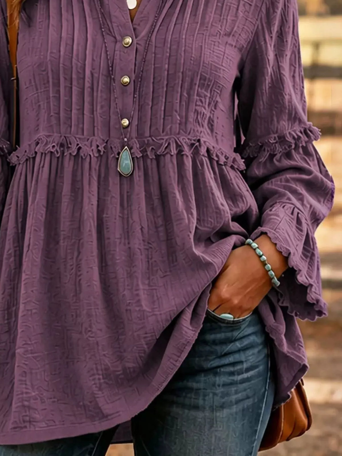 Trendsi Full Size Frill Notched Long Sleeve Blouse Plus Size -