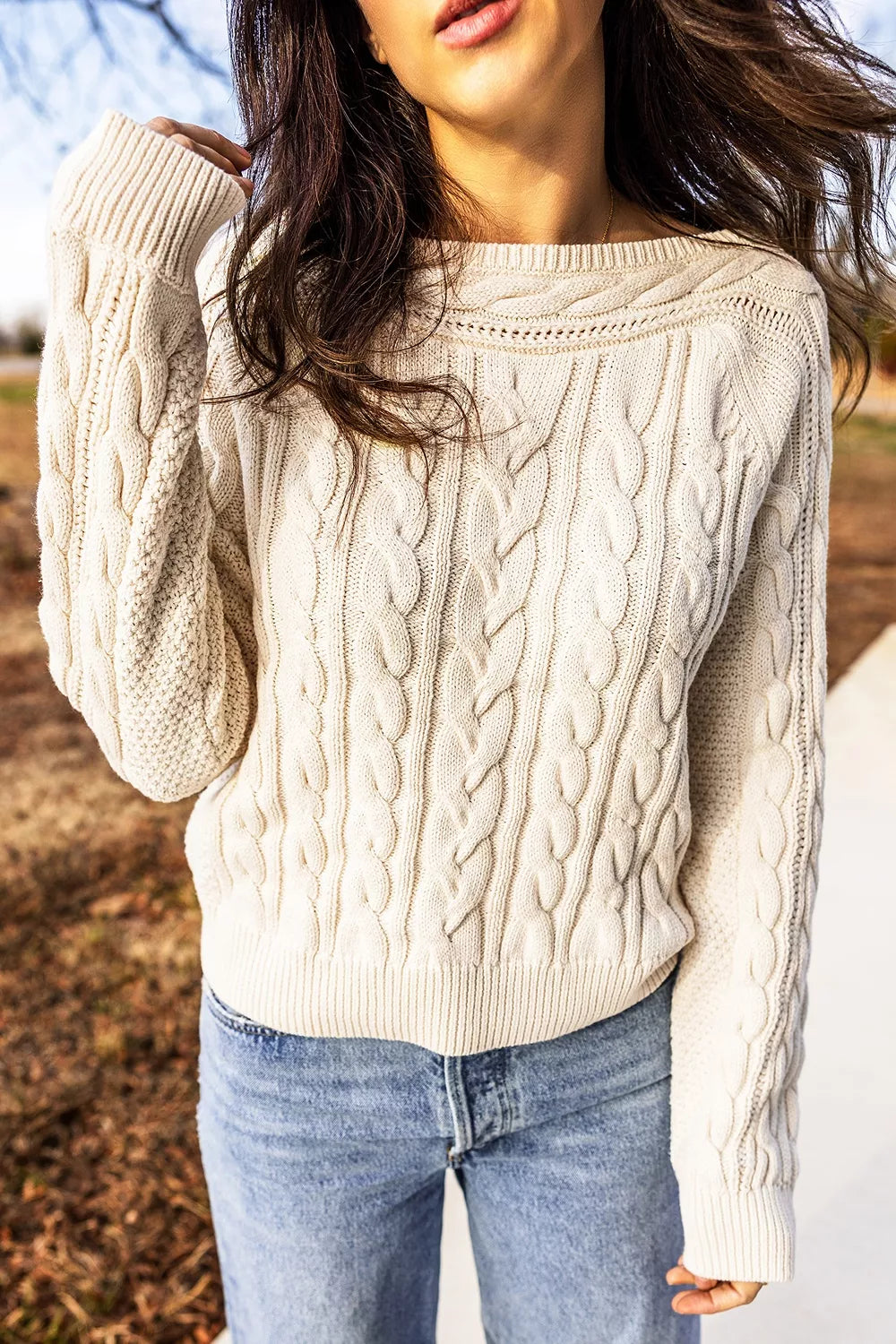 Trendsi Drop Shoulder Round Neck Cable Knit Sweater -