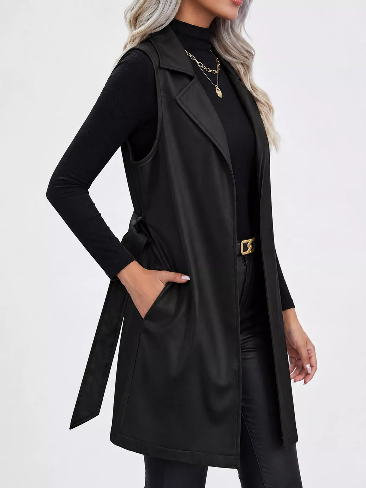 Tie Waist Longline Vest in black, side view