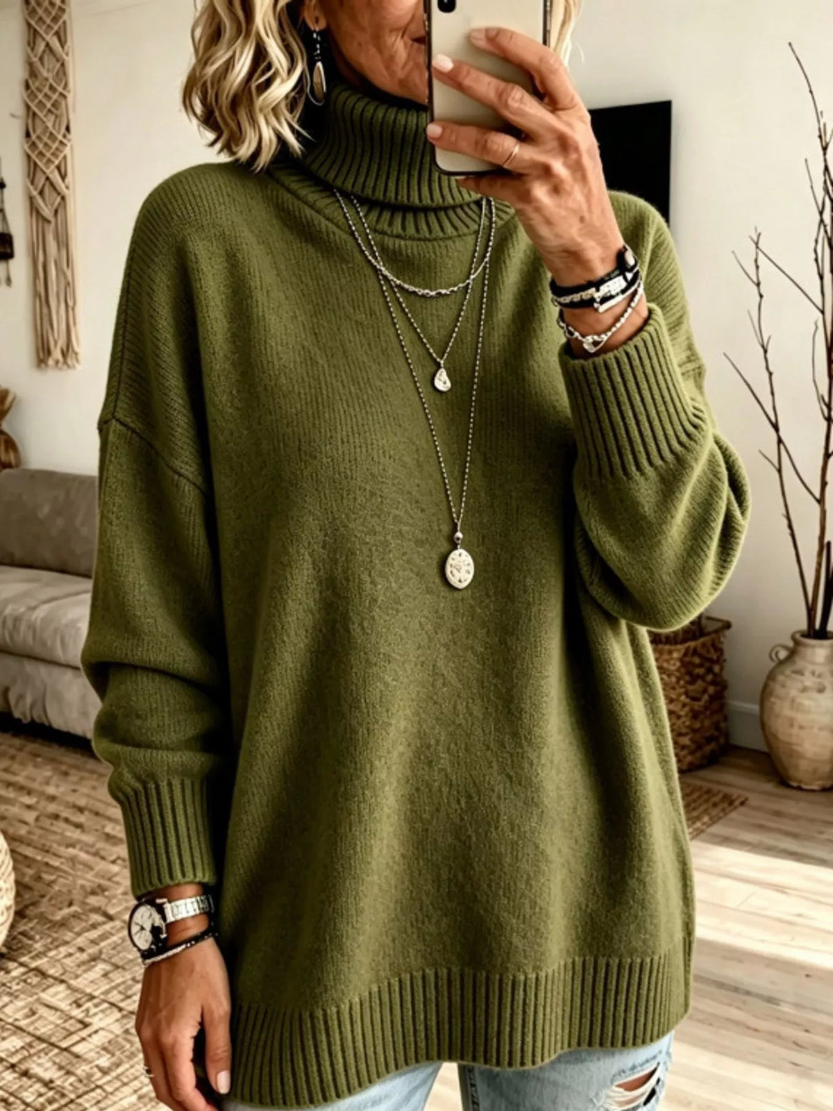 Oversized Turtleneck Pullover Sweater — front view