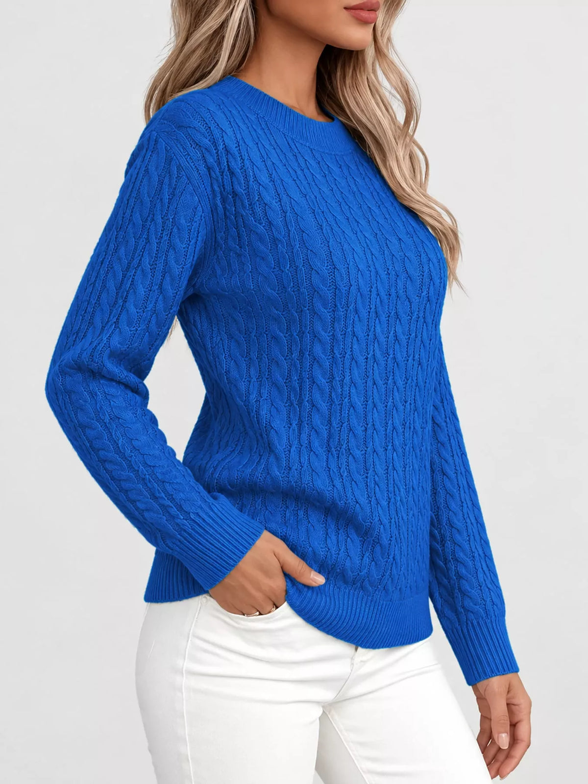 Blue cable knit round neck sweater