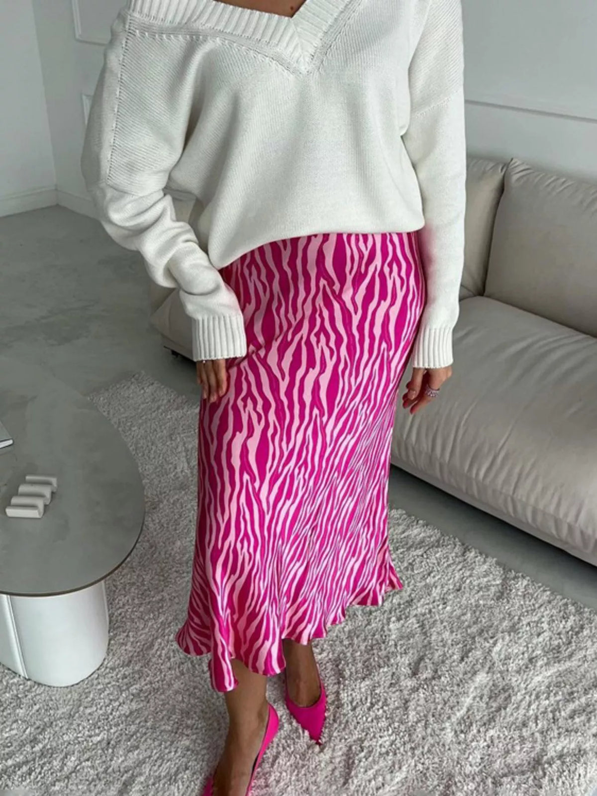 Trendsi Satin Zebra Print Midi Skirt -
