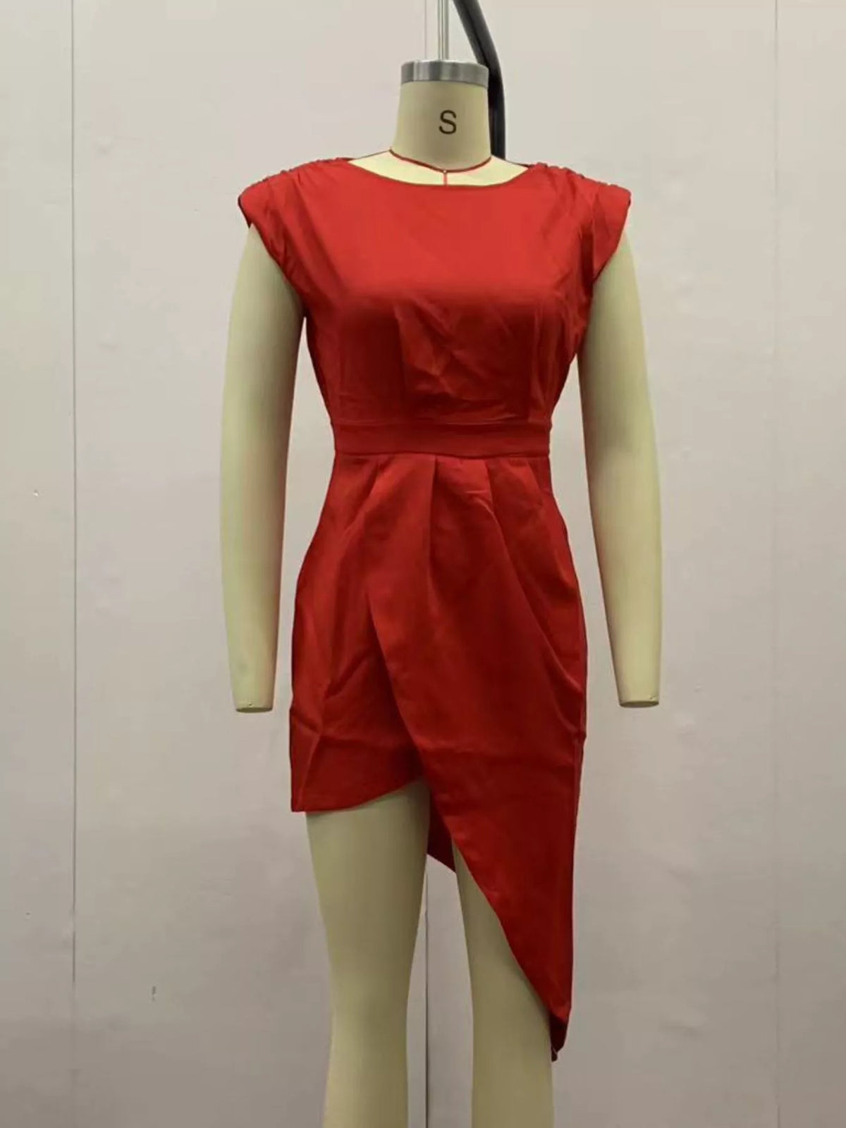 Women's Asymmetrical Backless Pleated Dress in red — mannequin front view