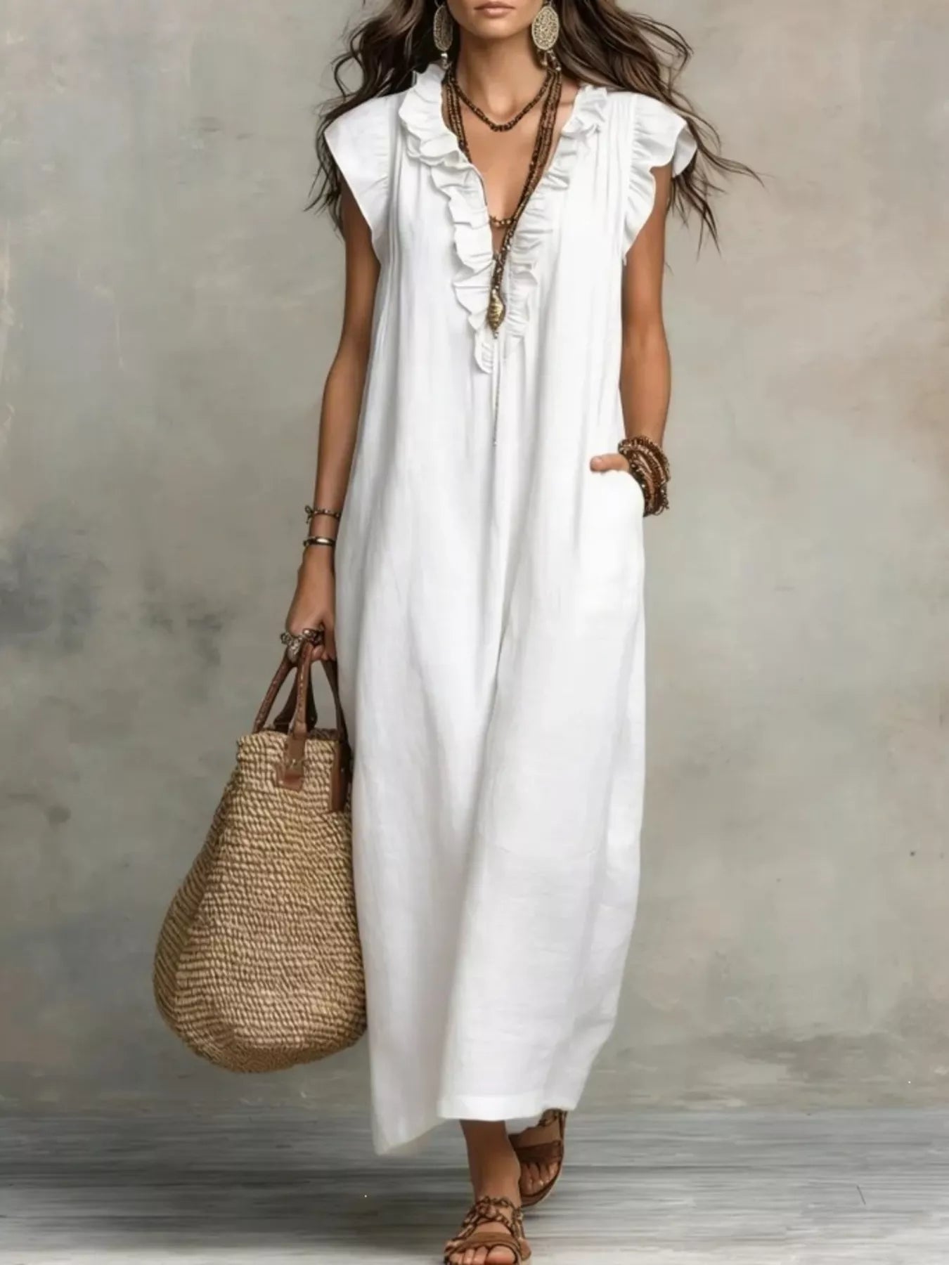 Trendsi Full Size Ruffled V-Neck Cap Sleeve Maxi Dress Plus Size -