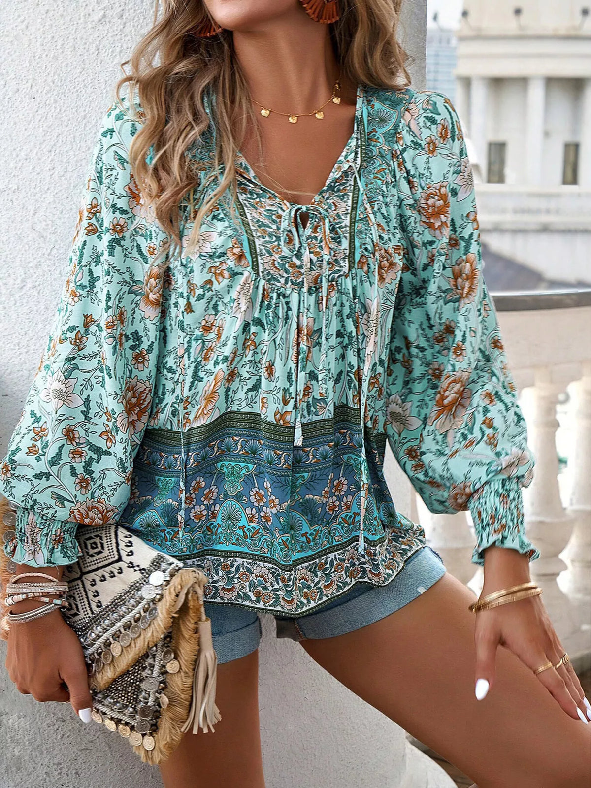 Trendsi Floral Print Tie-Neck Blouse with Smocked Cuffs -