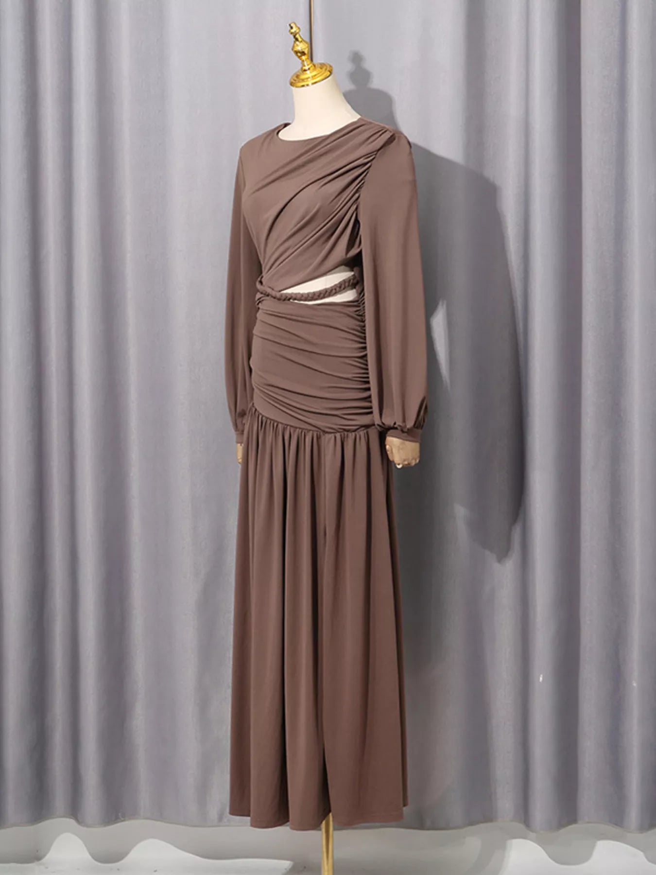 Trendsi Ruched Long-Sleeve Maxi Dress with Cutout Detail -