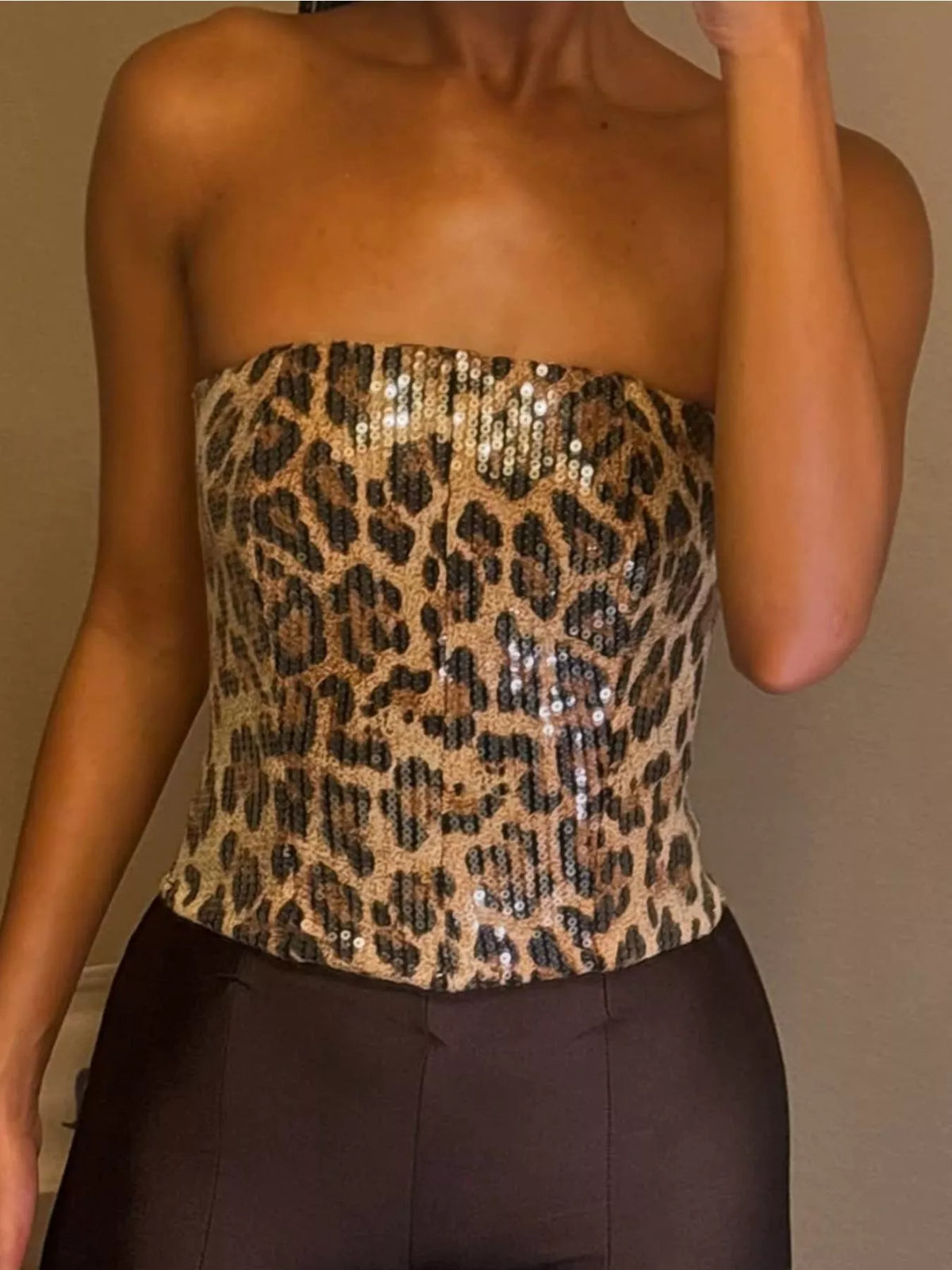 strapless top, front view on model