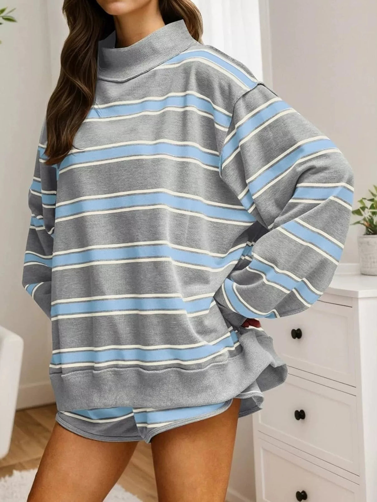 Mock neck long sleeve outfit set, front view on model