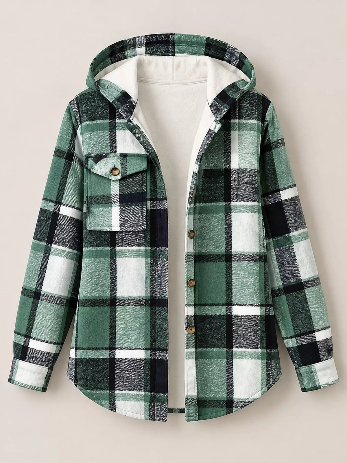 Green fleece-lined plaid button-up shacket