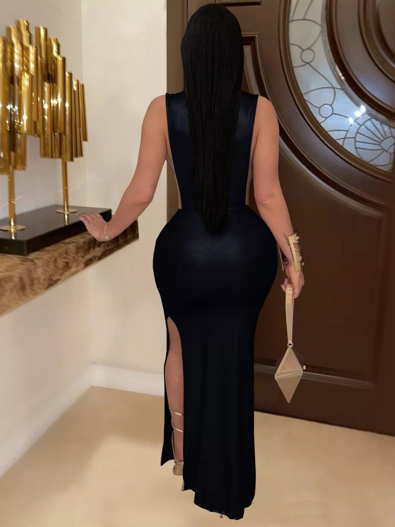 Trendsi Mock Neck Cut-Out Ruched Maxi Dress -