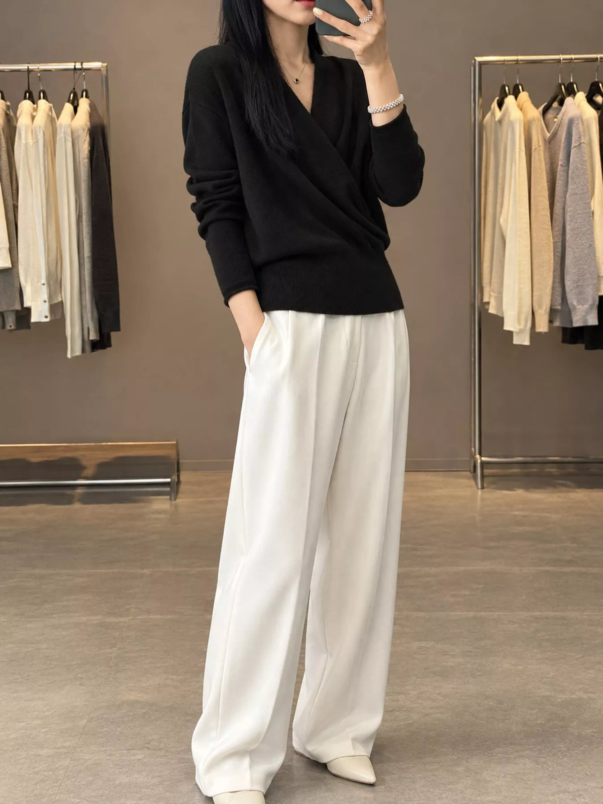 Black wrap-front sweater