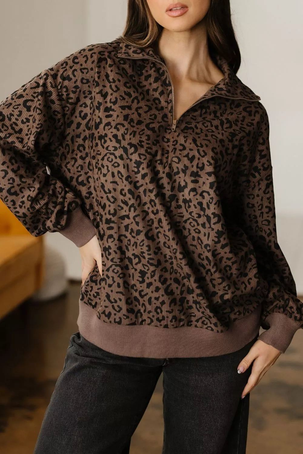 Trendsi Leopard Print Quarter-Zip Sweatshirt -