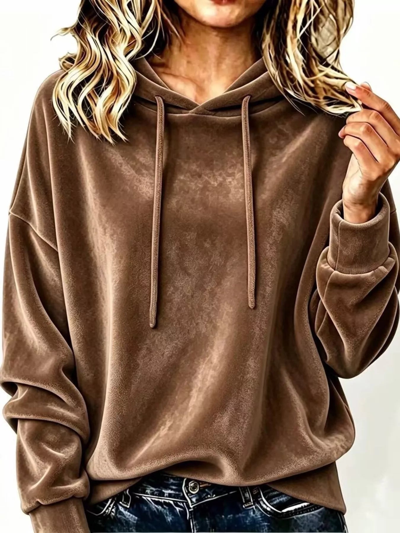 Trendsi Full Size Drawstring Velvet Long Sleeve Hoodie Plus Size -