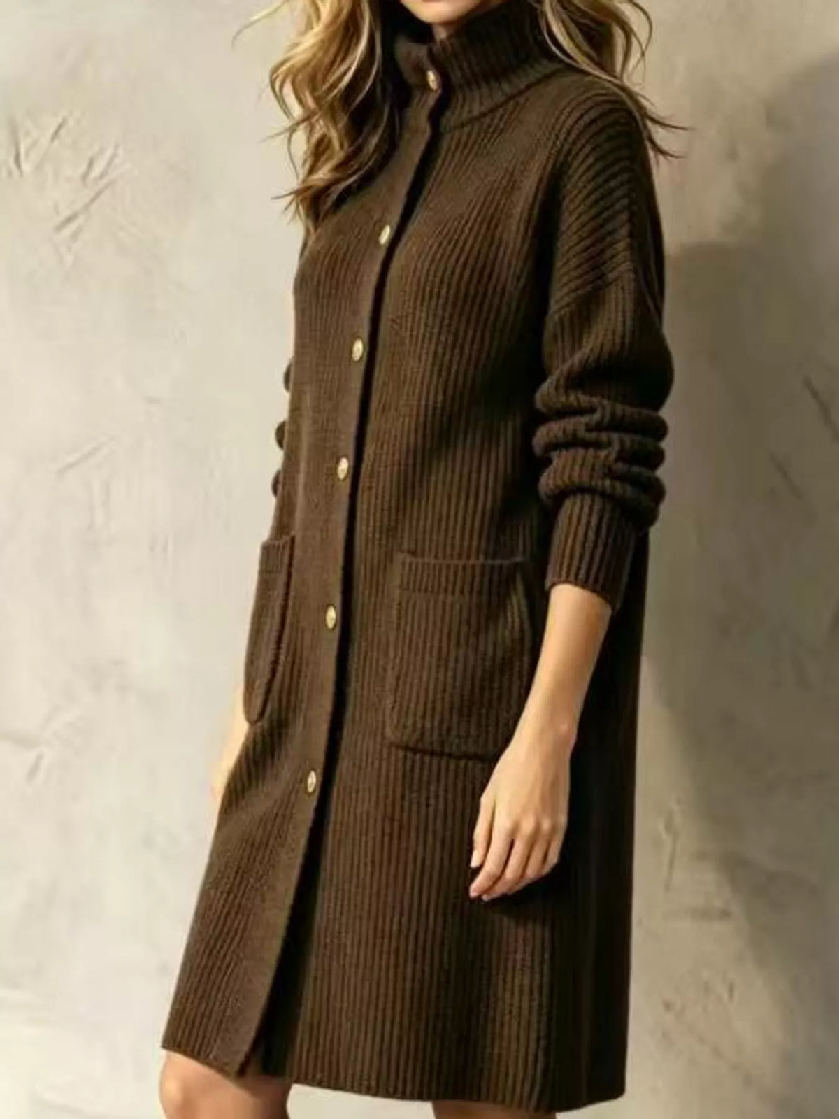 Brown ribbed turtleneck longline cardigan, side styled view