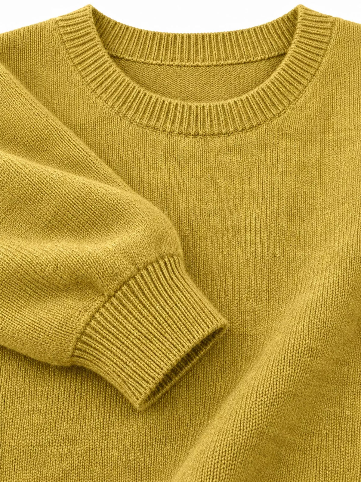 Yellow crew neck sweater, detail view