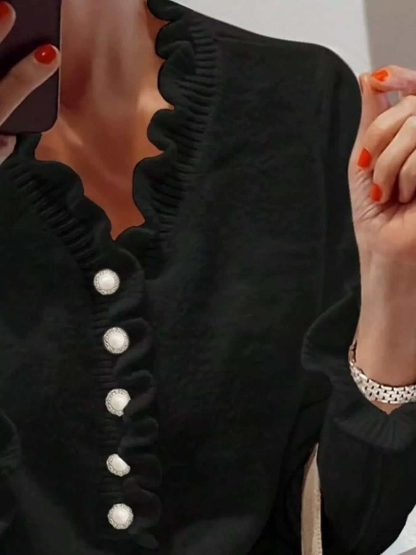 Trendsi Ruffled Pearl Button Sweater -