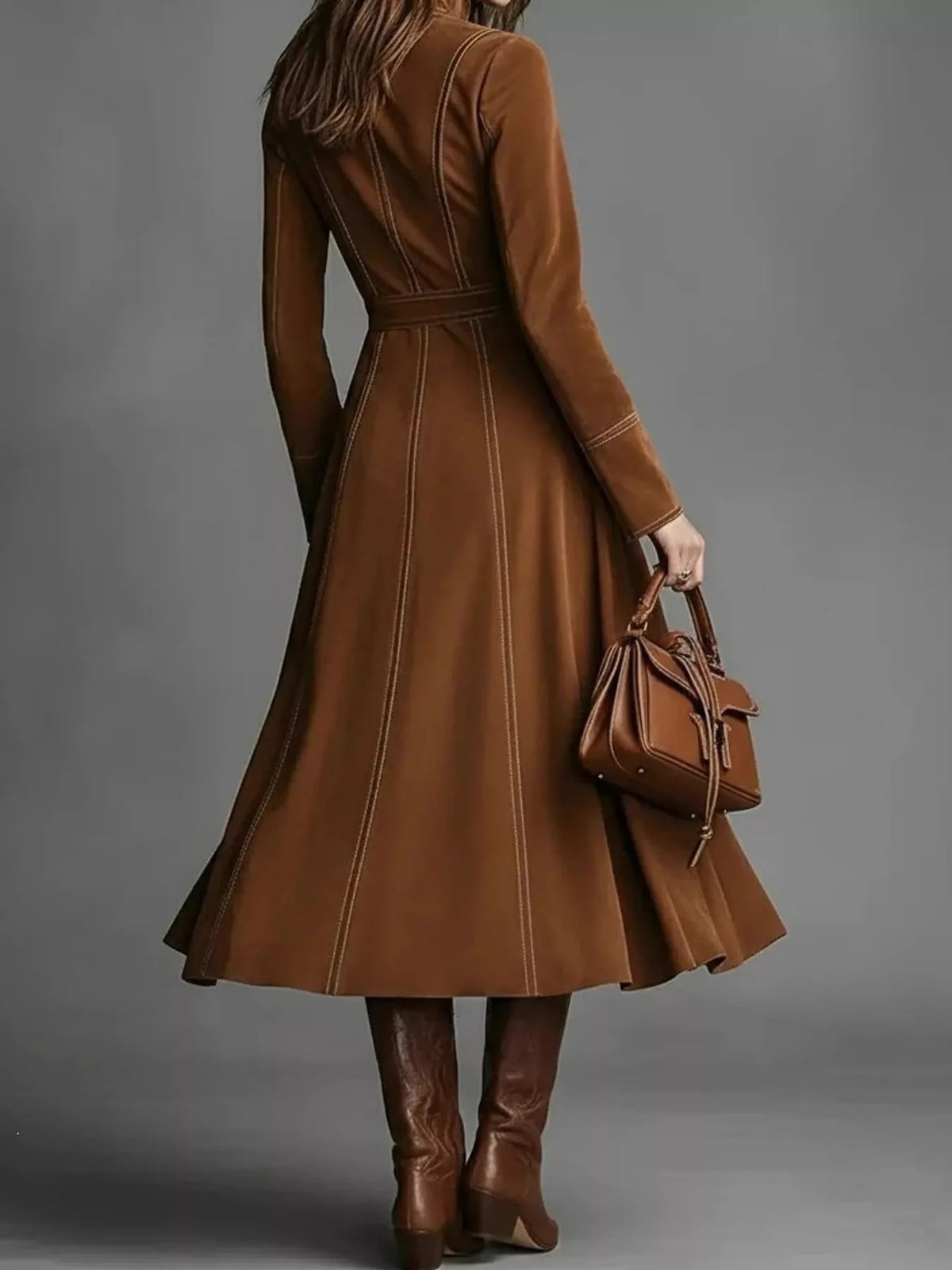 Brown zipper front midi dress, back view