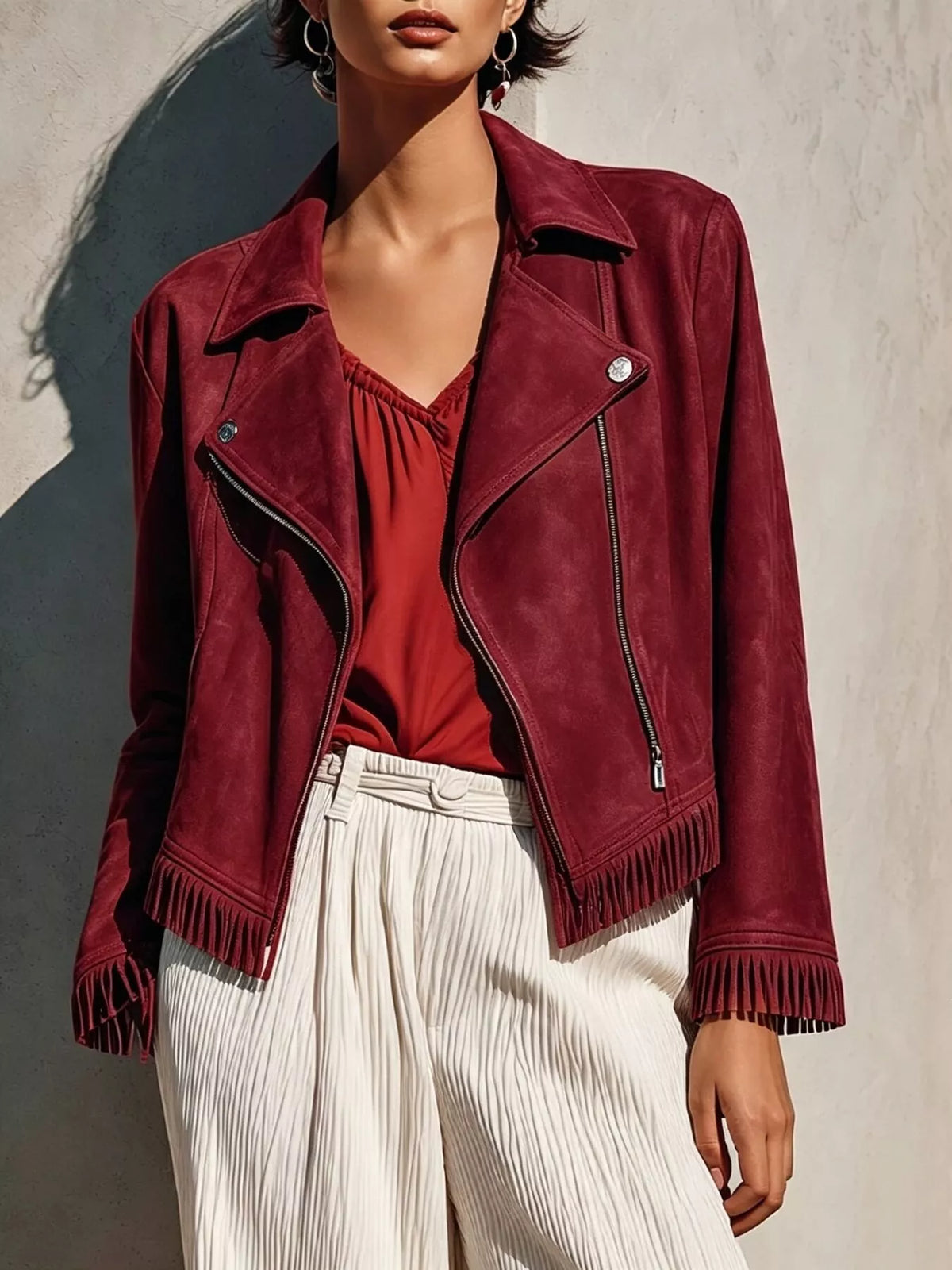 Burgundy fringe hem zip up jacket