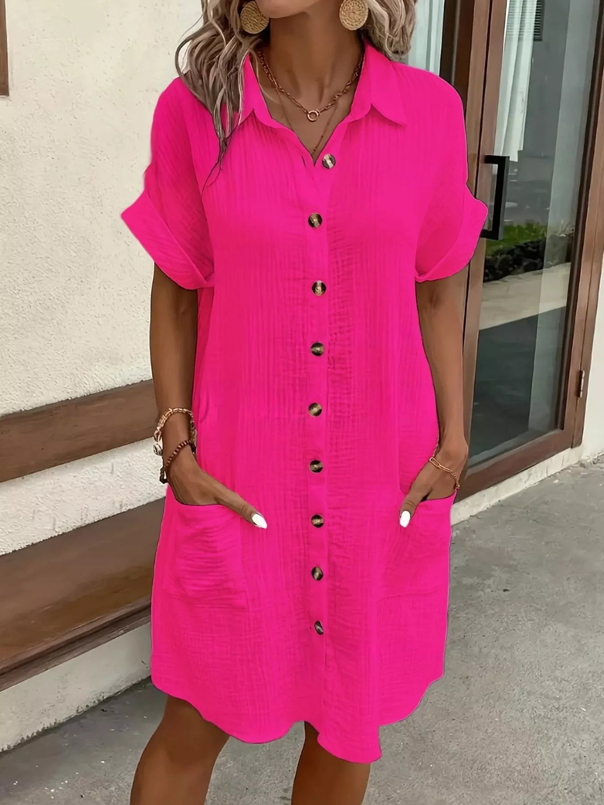 Hot pink textured button-front shirt dress with pockets