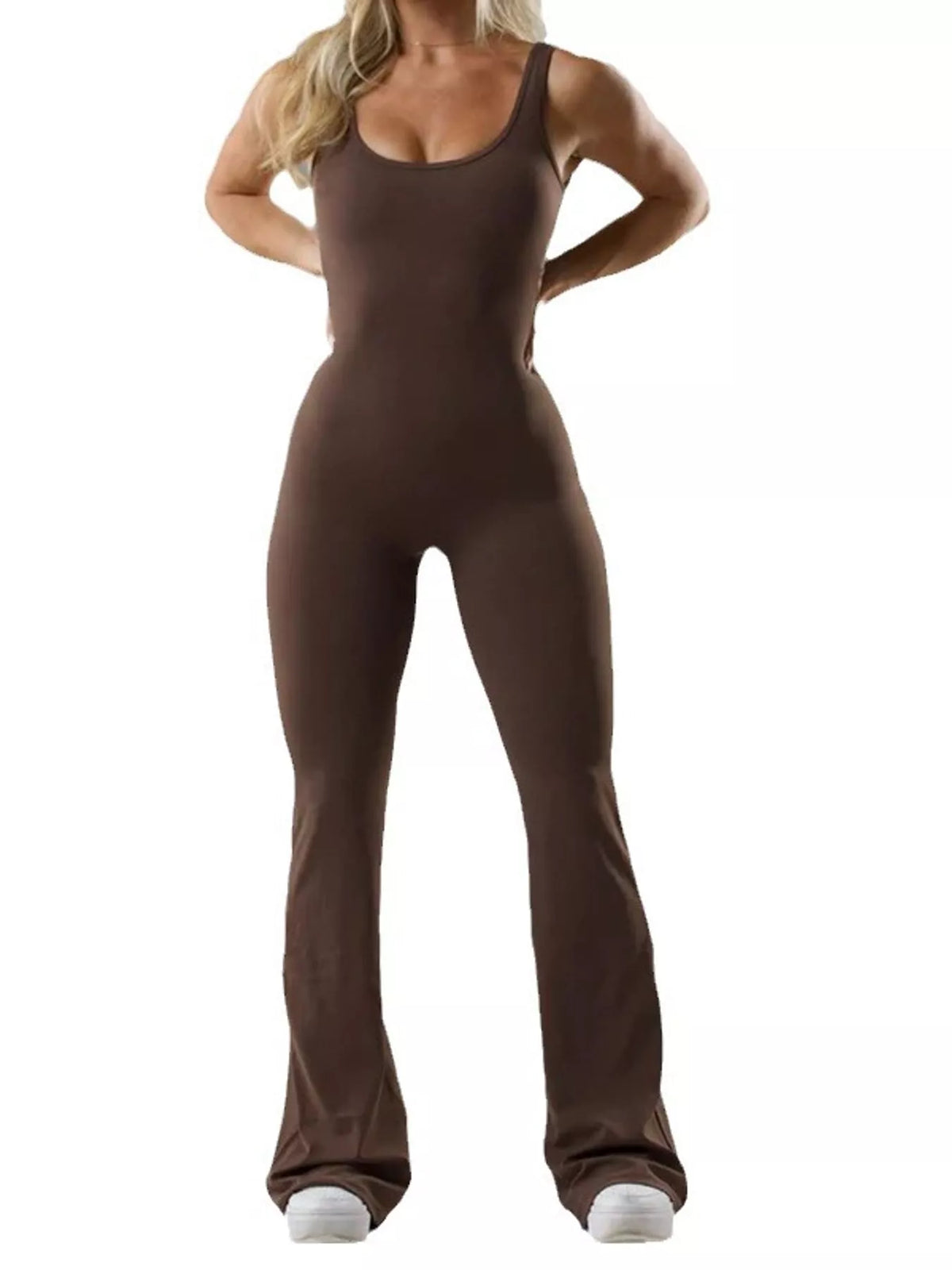 Brown scoop-neck flared-leg active jumpsuit, full front view on white background.