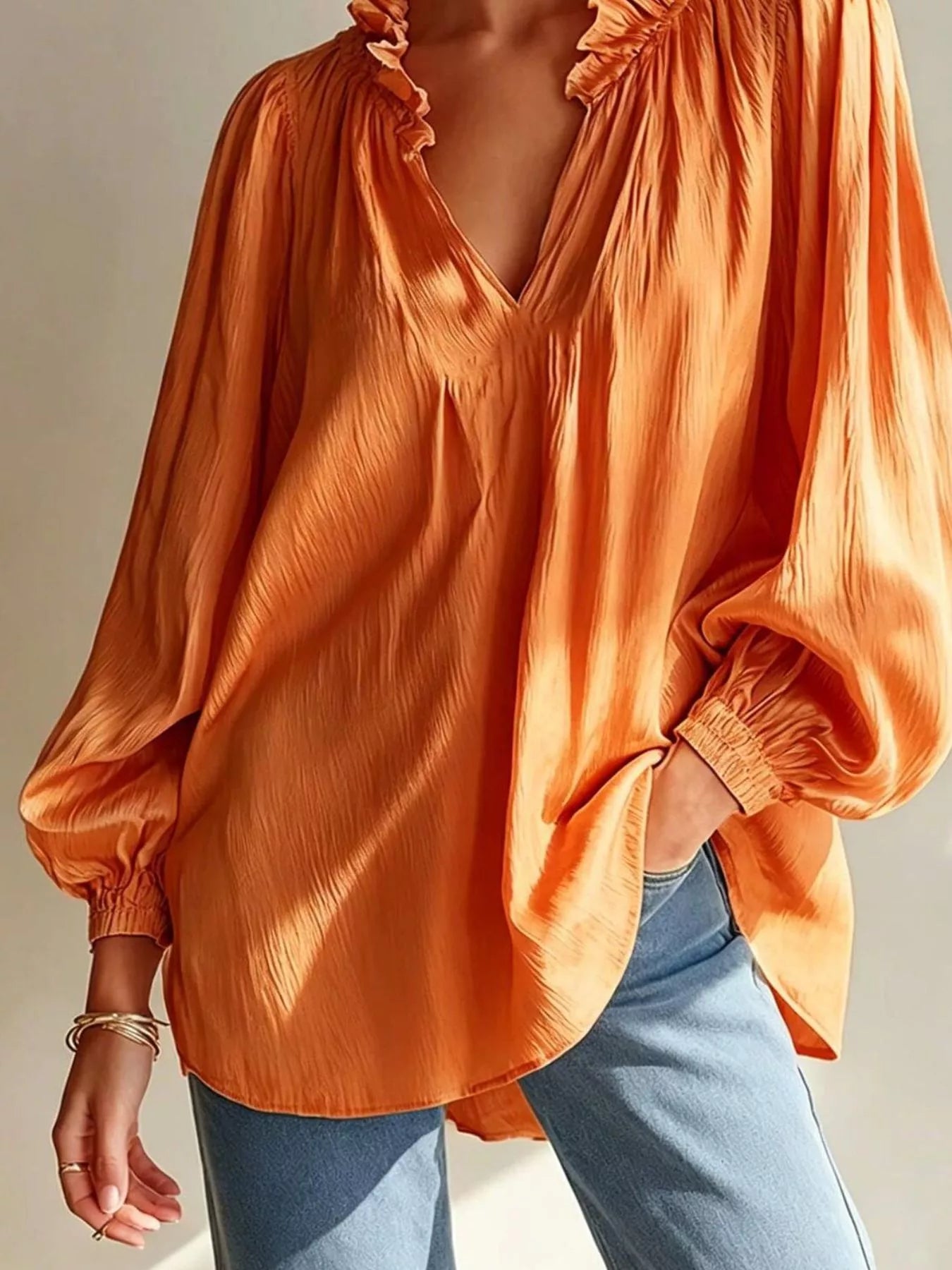 Trendsi Ruffle Trim Long Sleeves Blouse -
