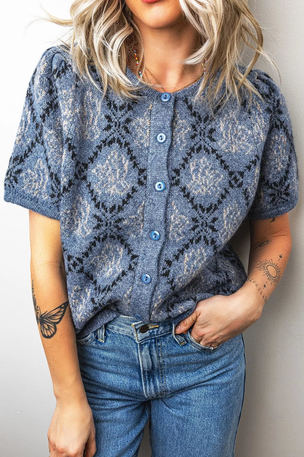 Blue geometric short sleeve cardigan, front view
