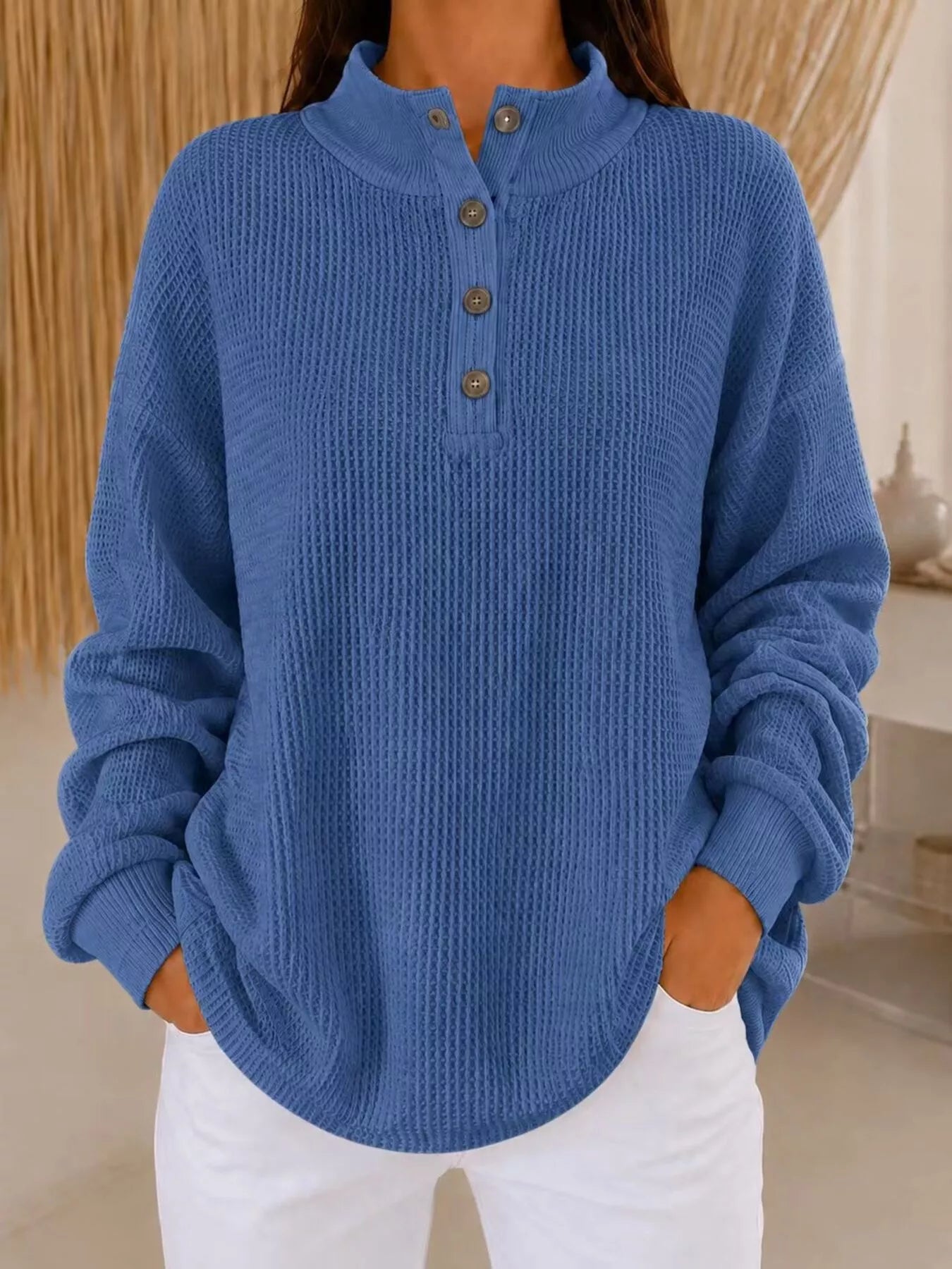 Trendsi Full Size Waffle Knit Button Detail Sweatshirt Plus Size -