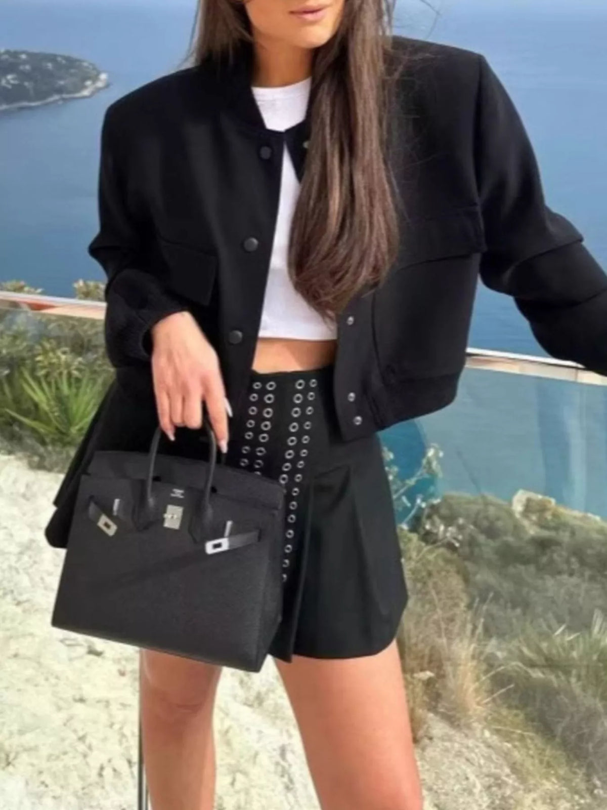 Snap-Down Cropped Bomber Jacket, front view