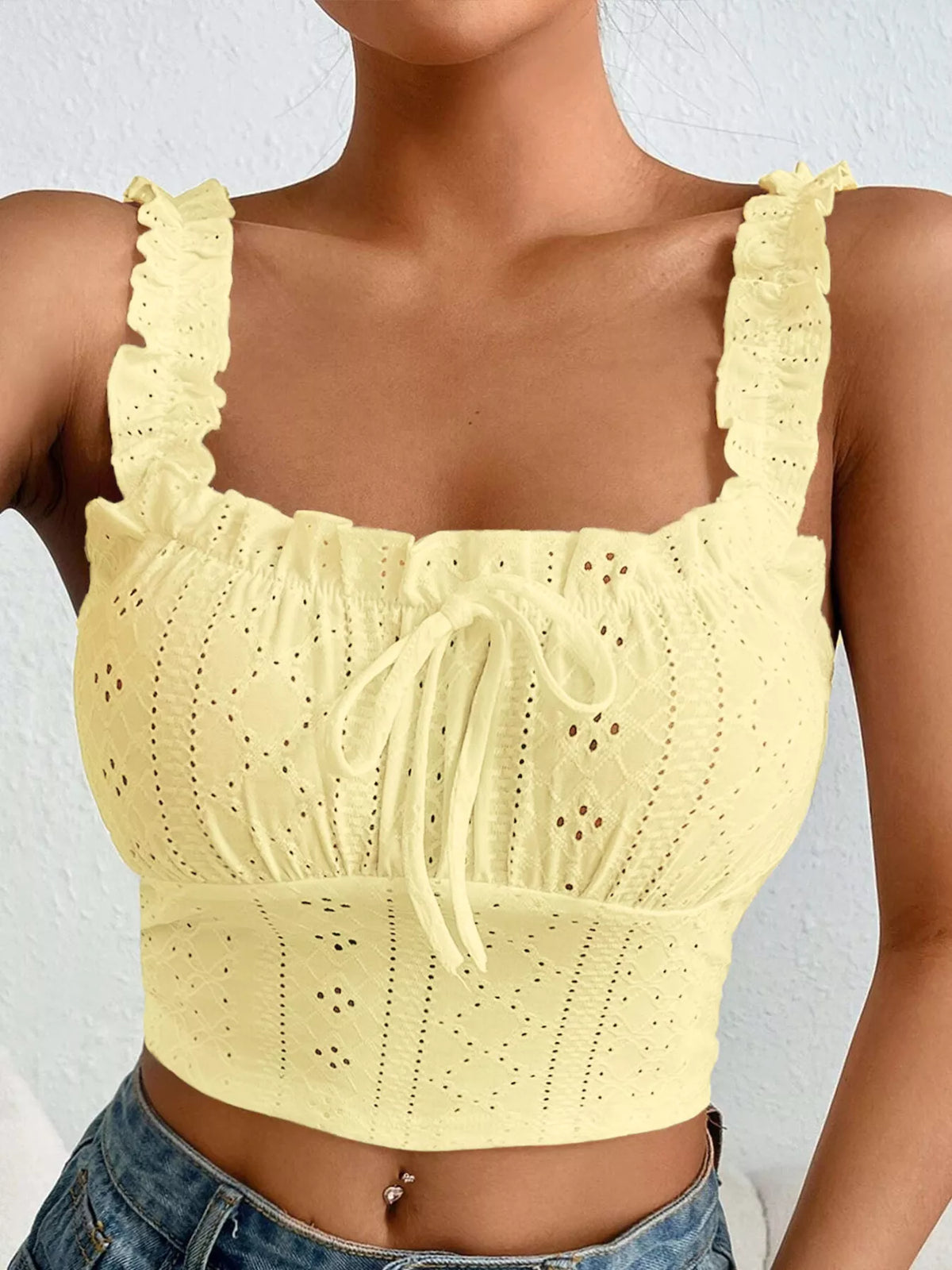 Eyelet tie-front tank, yellow eyelet detail