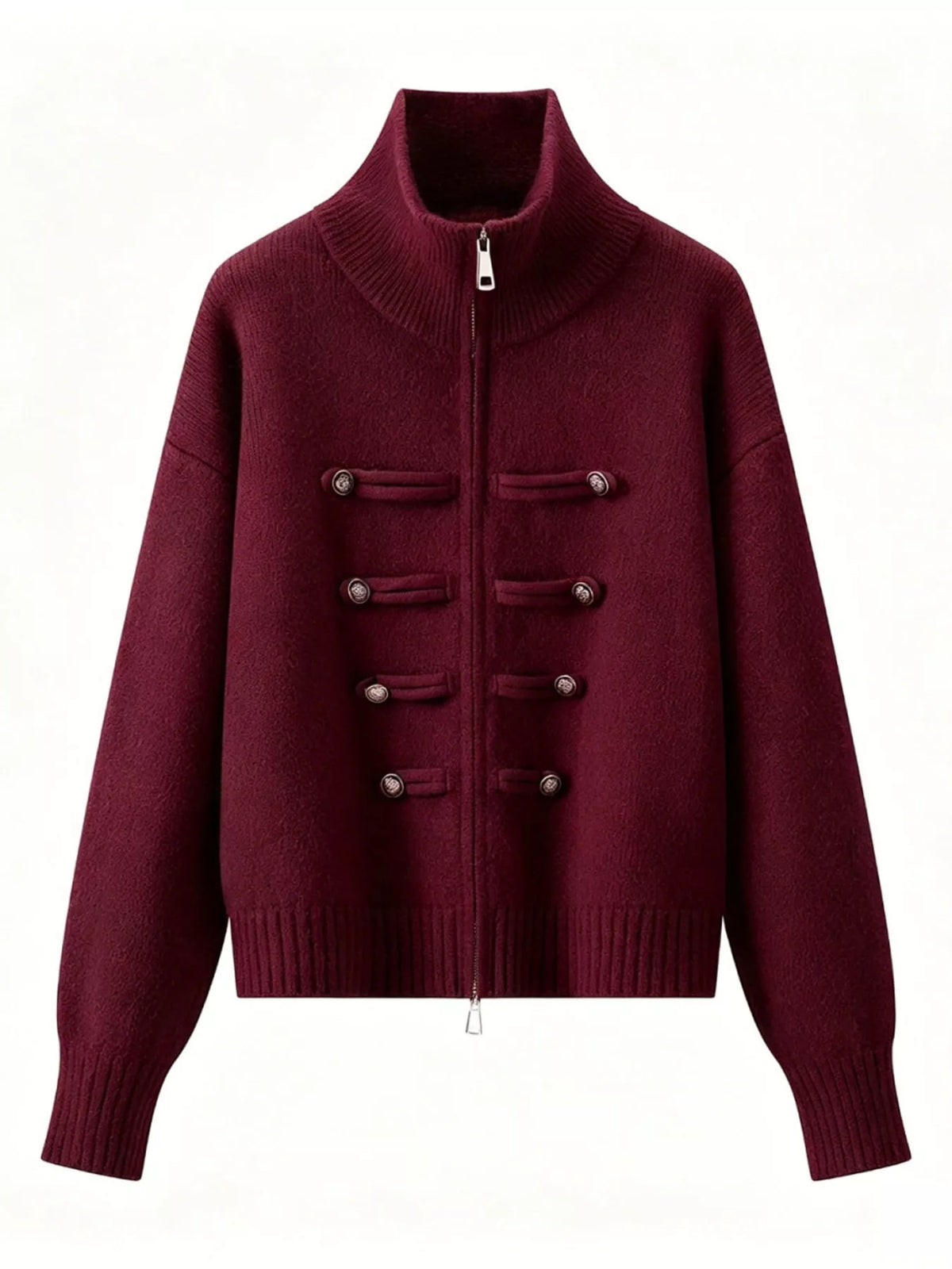 Burgundy turtleneck zip-up cardigan