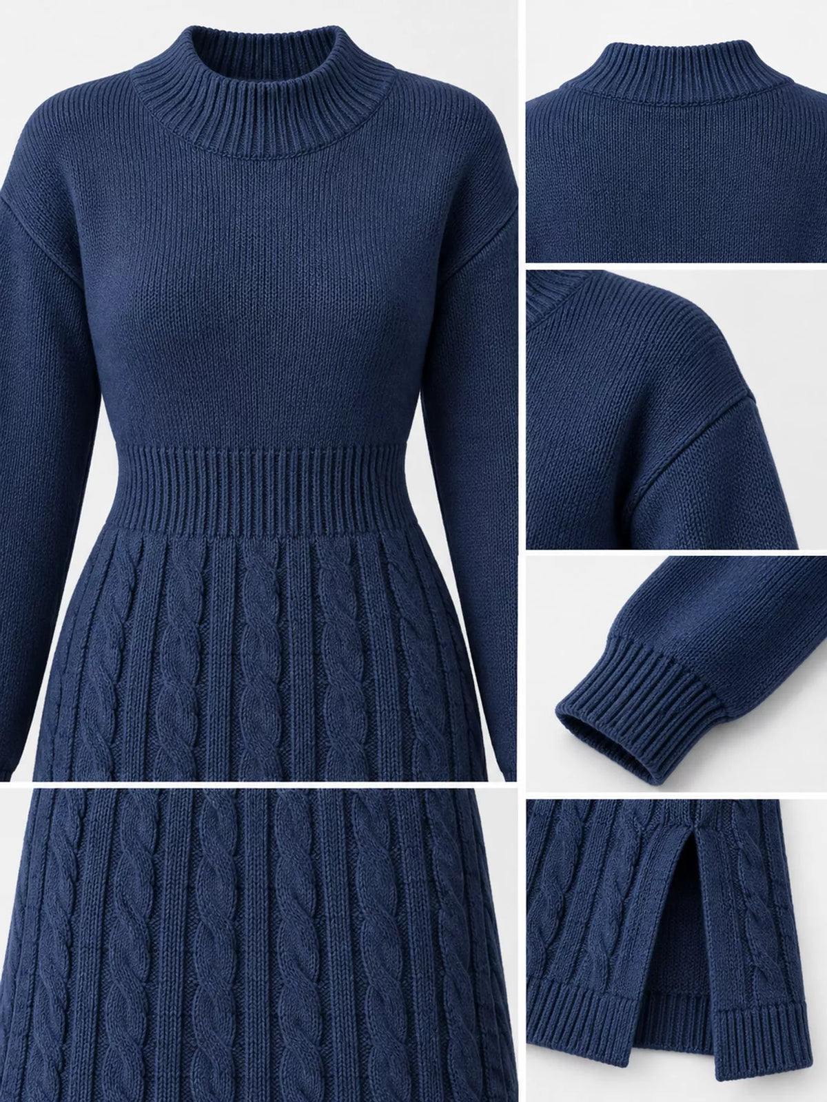 Women's Mock Neck Cable Knit Sweater Dress with Front Slit in navy — detail collage view