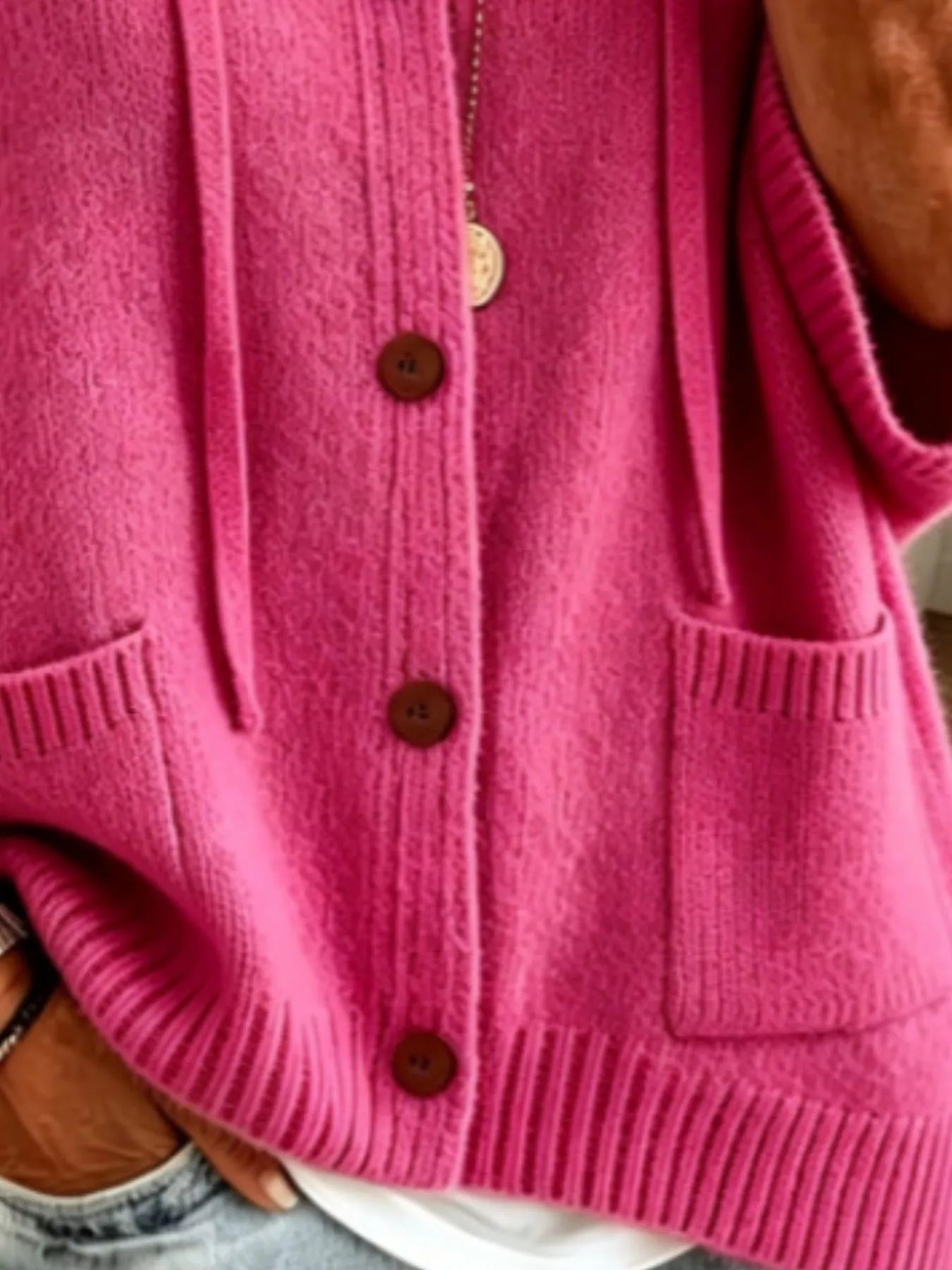 Trendsi Full Size Casual Hooded Button-Down Knit Cardigan with Pockets Plus Size -