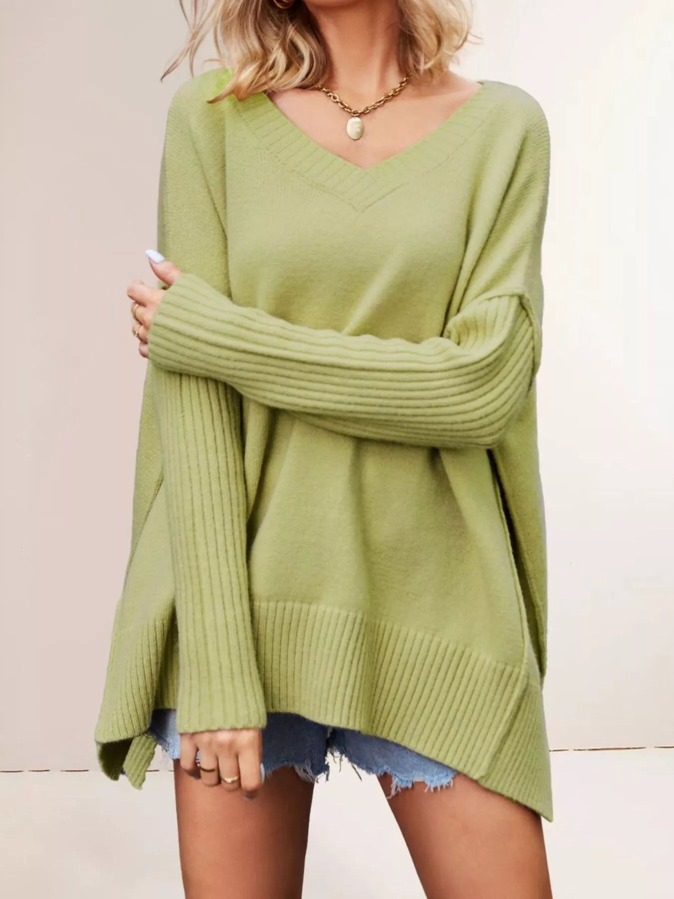 Trendsi V-Neck Ribbed Sleeve Sweater -